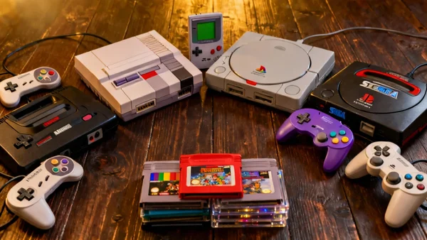 Ensemble de consoles rétro (NES, SNES, Game Boy) et accessoires sur une table en bois.