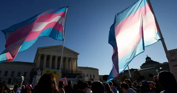 Drapeaux transgenres devant la Cour suprême américaine lors d’une manifestation.