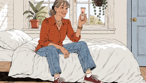 Femme d’âge mûr souriant dans une chambre lumineuse, assise au bord du lit, tenant un petit tube de lubrifiant dans une main. Plan américain, expression détendue et confiante. L’intention est de montrer le lubrifiant comme un outil de santé bienveillant, lié à la ménopause et au bien-être intime.
