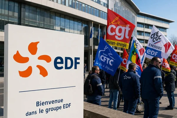 Rassemblement de syndicalistes devant le siège d'EDF pour protester contre la suppression du tarif préférentiel des agents.