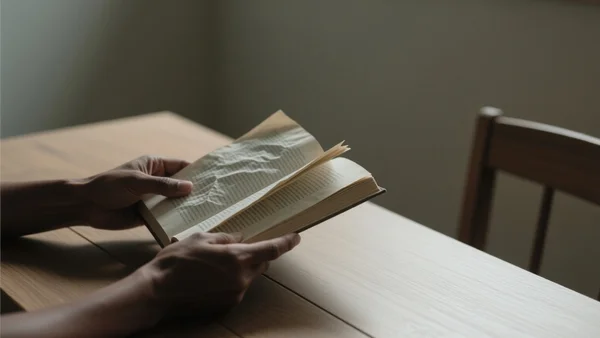 Plan serré sur les mains d'une femme tenant un livre ouvert, les pages légèrement froissées, sur une table en bois dans une pièce calme, atmosphère introspective et troublante