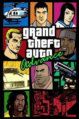 L'image est la jaquette officielle du jeu vidéo Grand Theft Auto Advance, sorti en 2004 sur Game Boy Advance. Elle présente un style graphique de type bande dessinée avec une mosaïque de neuf panneaux illustrant divers éléments du jeu : des personnages principaux et secondaires, un hélicoptère de police, une voiture classique, une arme à feu et un décor urbain asiatique. Le titre du jeu est affiché en évidence au centre.