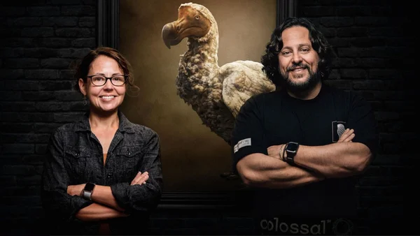 Équipe de Colossal Biosciences posant devant une peinture de dodo, autre espèce ciblée par la désextinction.