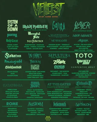 Affiche promotionnelle du Hellfest 2026, présentant une partie de la programmation.