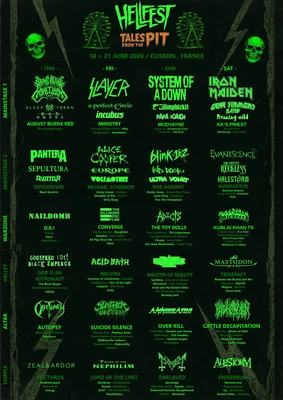 Affiche numérique détaillant la programmation du Hellfest 2026 par scène et par jour.