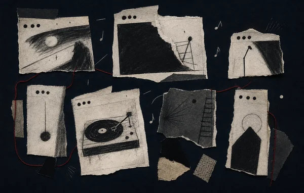 Collage abstrait évoquant la musique et la culture indépendante.
