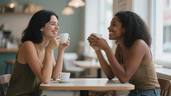 Deux jeunes femmes assises dans un café, se regardant en riant, une tasse à la main, ambiance chaleureuse et complice, vue rapprochée sur leurs visages souriants