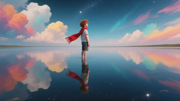 Un garçon aux cheveux ébouriffés, Milo, debout sur un lac miroir, le reflet du ciel étoilé sous ses pieds, une écharpe rouge flottant dans le vent, regardant vers un horizon de nuages colorés, dans un style graphique poétique et onirique.