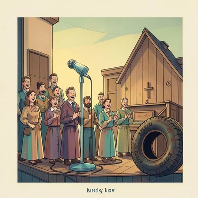 Illustration de l'artiste Suno représentant une scène de chant devant une église.