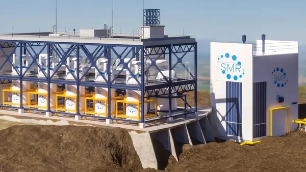 Rendu architectural d'une installation de petit réacteur modulaire (SMR), avec modules blancs et bâtiment de contrôle.