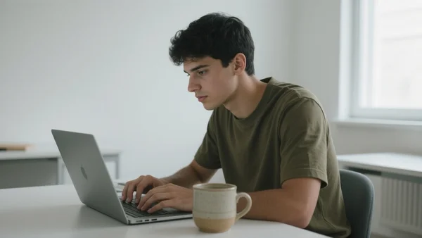 Étudiant assis à un bureau devant un ordinateur portable, regard concentré, avec une tasse de café à côté, dans une chambre étudiante lumineuse et rangée.