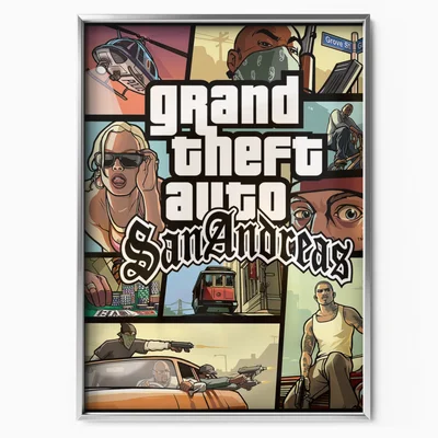 Poster encadré de Grand Theft Auto: San Andreas, présentant un collage de style bande dessinée avec personnages, véhicules et scènes du jeu, avec le logo au centre.