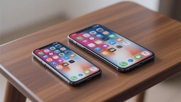 Un iPhone 18 Pro et un iPhone 18 Pro Max côte à côte sur une table en bois, écrans allumés montrant des applications, différence de taille visible entre les deux modèles