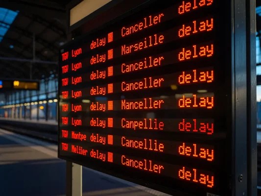 Tableau des départs en gare indiquant des retards et annulations sur les TGV après l'incendie.