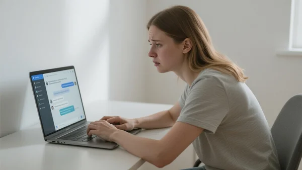 Femme jeune assise à un bureau, regardant l'écran d'un ordinateur portable affichant une interface de chatbot, expression préoccupée, vue de trois-quarts, intérieur lumineux, intention : montrer l'utilisatrice confrontée à des informations santé douteuses, ton inquiet