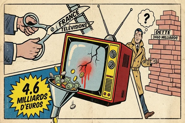 Caricature illustrant les coupes budgétaires imposées à France Télévisions, entre restrictions et dettes.