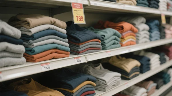 Pile de vêtements de différentes tailles sur une étagère de magasin, avec des étiquettes de prix visibles, certaines montrant des prix plus élevés pour les grandes tailles. L'image doit communiquer l'inégalité de prix en fonction de la taille, avec un ton critique et documentaire.