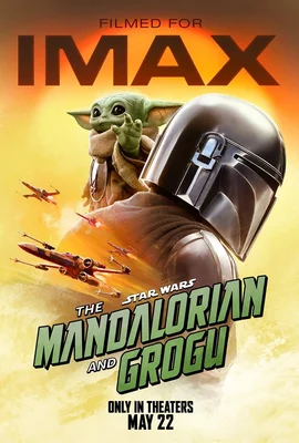 Affiche du film 'The Mandalorian and Grogu' sur fond jaune avec des X-wing.