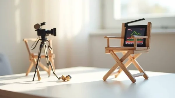 Mini plateau de tournage avec chaise de réalisateur et caméra, évoquant la création vidéo.