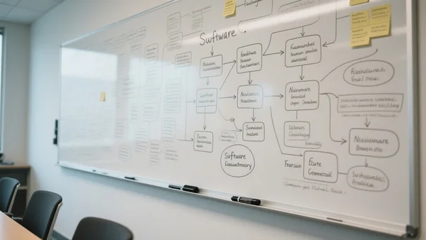 Un tableau blanc dans une salle de réunion de startup, couvert de diagrammes de flux et de notes manuscrites sur l'architecture logicielle, avec un marqueur posé sur le rebord