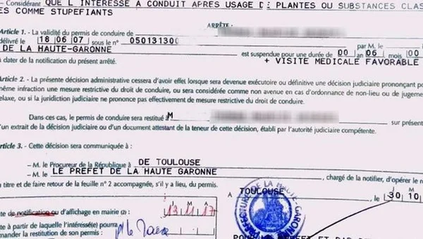 Arrêté préfectoral de la Haute-Garonne suspendant un permis de conduire pour stupéfiants.