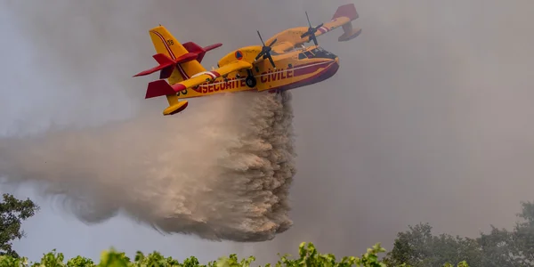 Canadair de la Sécurité civile larguant de l'eau sur un incendie.