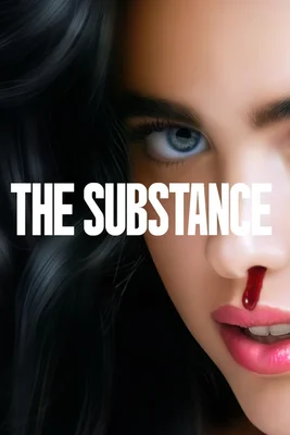 Affiche du film 'The Substance' : gros plan d'une femme au visage ensanglanté, le titre en lettres blanches.