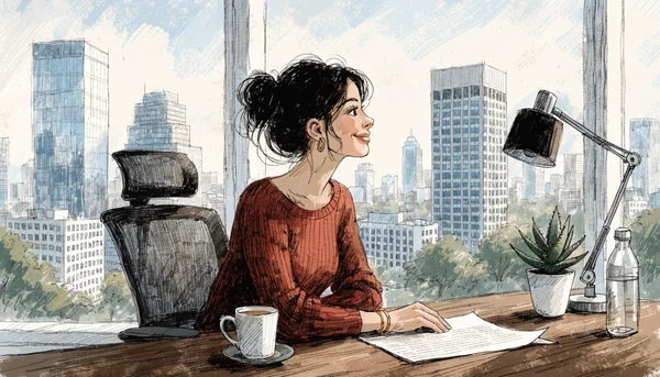 Jeune femme souriante assise à un bureau, regardant un horizon flou au loin, main posée sur une lettre de démission. Composition en plan américain, intention éditoriale : symboliser le rebond professionnel et la transition positive.