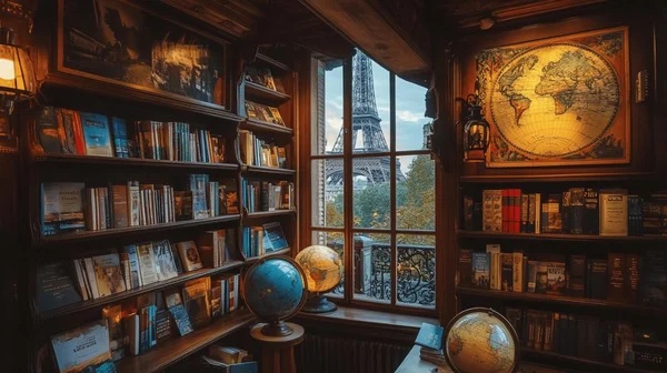 Coin lecture de la librairie Voyageurs du Monde avec vue imprenable sur la tour Eiffel.