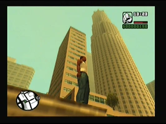 CJ au pied de gratte-ciel dans GTA San Andreas sur PlayStation 2.