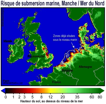 Carte des zones à risque de submersion marine en Manche et mer du Nord, due à la montée des océans liée au réchauffement climatique.