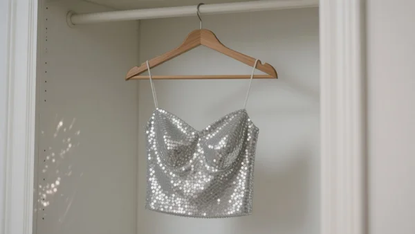 Robe de soirée courte argentée à sequins suspendue à un cintre en bois dans une garde-robe, gros plan sur les reflets des sequins, ambiance lumineuse et festive