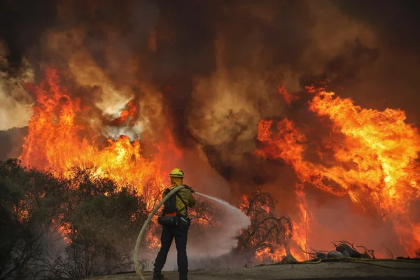 Pompier des Bouches-du-Rhône affrontant un incendie de végétation.