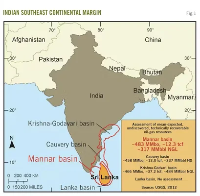 Carte des bassins offshore de la marge continentale indienne, incluant le bassin de Mannar au large du Sri Lanka.