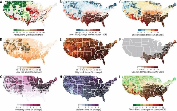 Infographie présentant neuf cartes de chaleur des États-Unis projetant l'impact du changement climatique sur l'économie et la société.