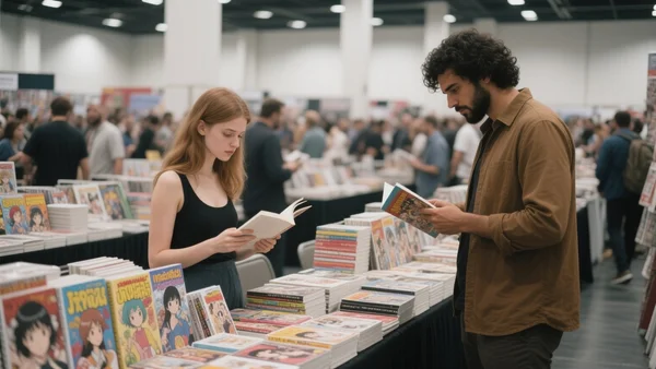 Vue large d'un stand d'éditeur indépendant de mangas dans une allée de salon bondée, avec des piles de livres et des visiteurs feuilletant des volumes, l'ambiance est tendue et sérieuse