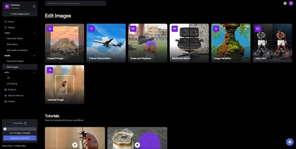 Tableau de bord Runway ML avec outils d'édition d'image par IA.
