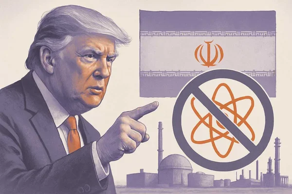 Illustration politique de Donald Trump et d'un symbole antinucléaire lié à l'Iran.