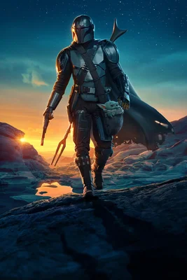 Affiche du Mandalorien et de Grogu marchant dans un paysage rocheux au coucher du soleil.