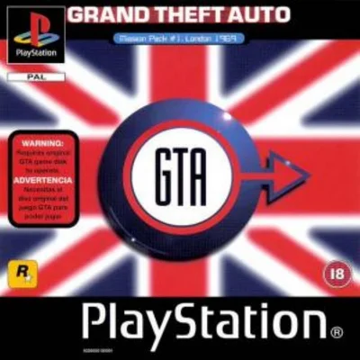 Couverture de la version PlayStation de Grand Theft Auto: London 1969, avec un fond Union Jack et un logo circulaire central orné d'une flèche.