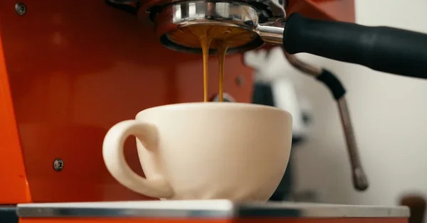 Machine à expresso versant un double shot de café pour un flat white.