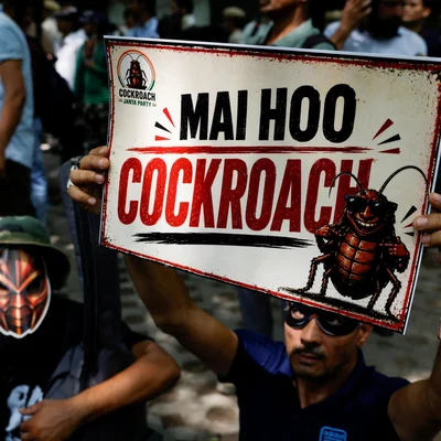 Un manifestant brandit une pancarte « Mai Hoo Cockroach » lors d'une protestation à Delhi.