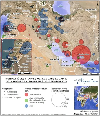 Carte de la mortalité des frappes en Iran depuis le 28 février 2026, avec des cercles indiquant le nombre de victimes.