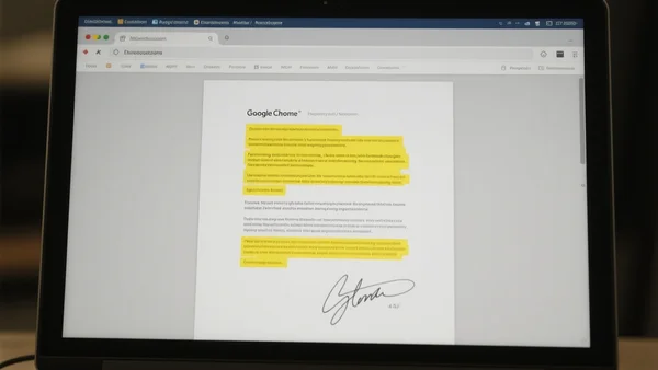 Fenêtre du navigateur Google Chrome ouverte sur un document PDF annoté, avec des surlignages jaunes et une signature manuscrite visible en bas du document, vue d'écran directe.