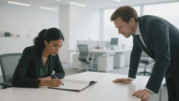 Plan large d'un bureau contemporain lumineux, un employé et un manager serrés autour d'un dossier ouvert sur une table, stylo à la main, cadre calme et professionnel, intent : montrer le cadre formel et serein d'une négociation de rupture conventionnelle, ton neutre et posé.