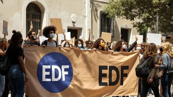 Manifestants portant une banderole aux couleurs d'EDF lors d'une action de protestation contre le tarif agent.