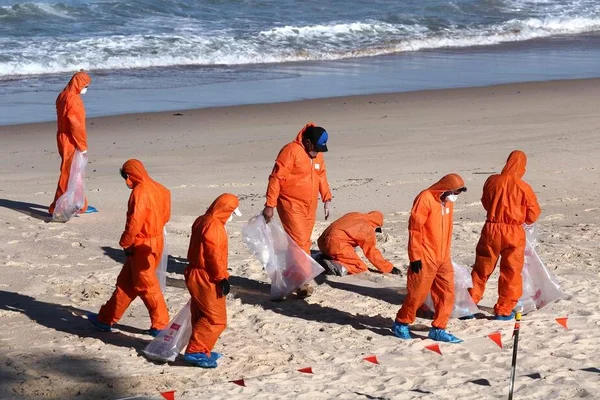 Des équipes de nettoyage en combinaison hazmat ramassent des boules de goudron sur une plage australienne.