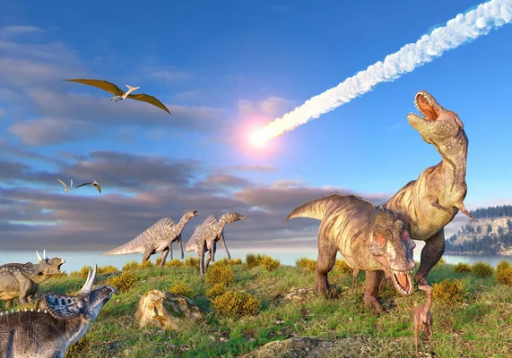 Scène de l'extinction des dinosaures avec plusieurs espèces confrontées à la météore.
