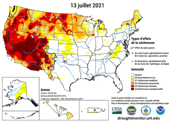 Carte de sécheresse aux États-Unis au 13 juillet 2021, illustrant l'impact climatique.