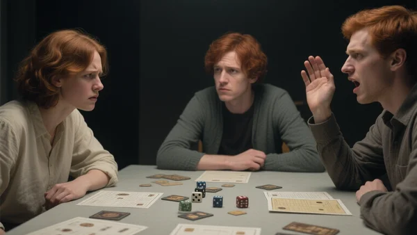 Plan serré sur trois personnes autour d'une table dans une pièce tamisée, deux d'entre elles se regardent avec un air frustré tandis que la troisième gesticule en parlant, des feuilles et des dés devant elles. L'image doit illustrer le déséquilibre de parole et la gêne dans un groupe de jeu de rôle.